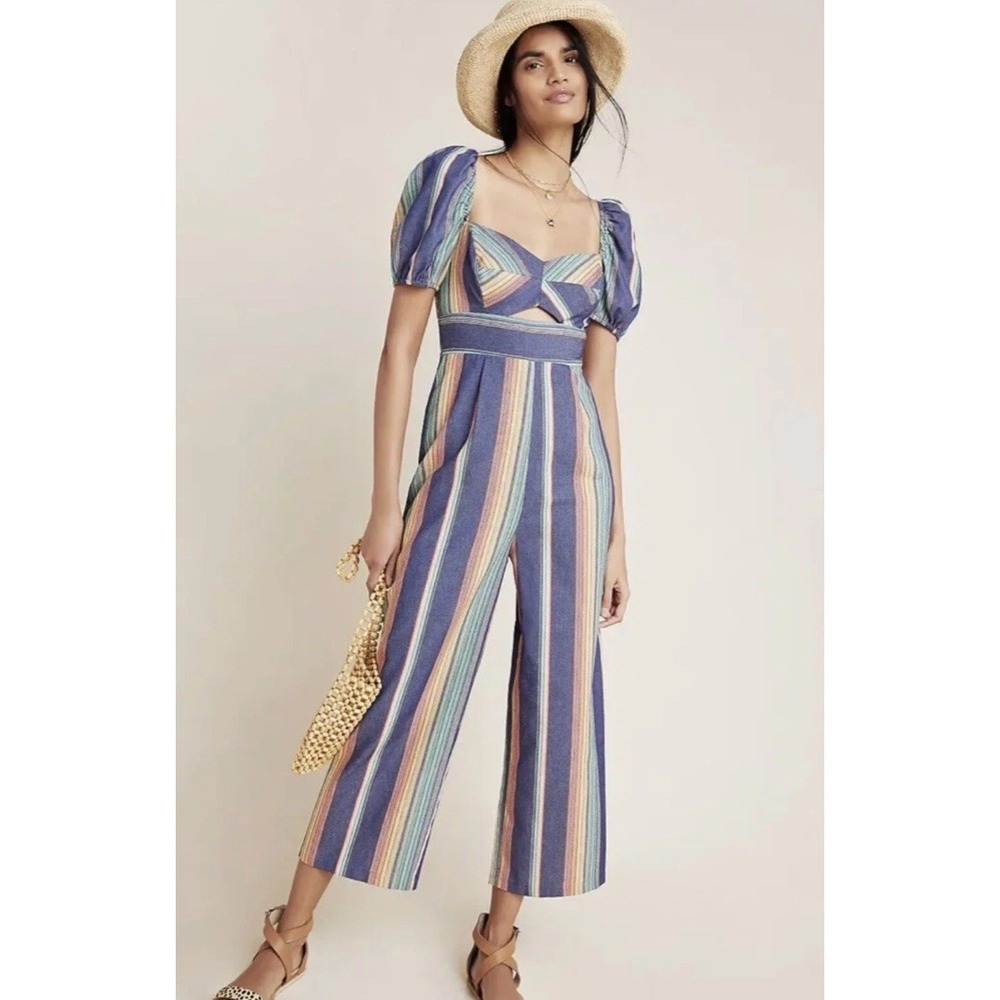 New Anthropologie Lauren Puff-Sleeved Jumpsuit by Ali & Jay $168 Sz M Blue